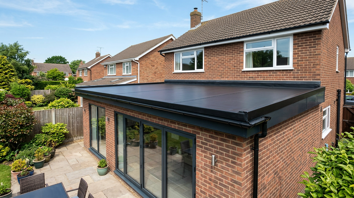 Rubber EPDM flat roof on a modern UK house extension