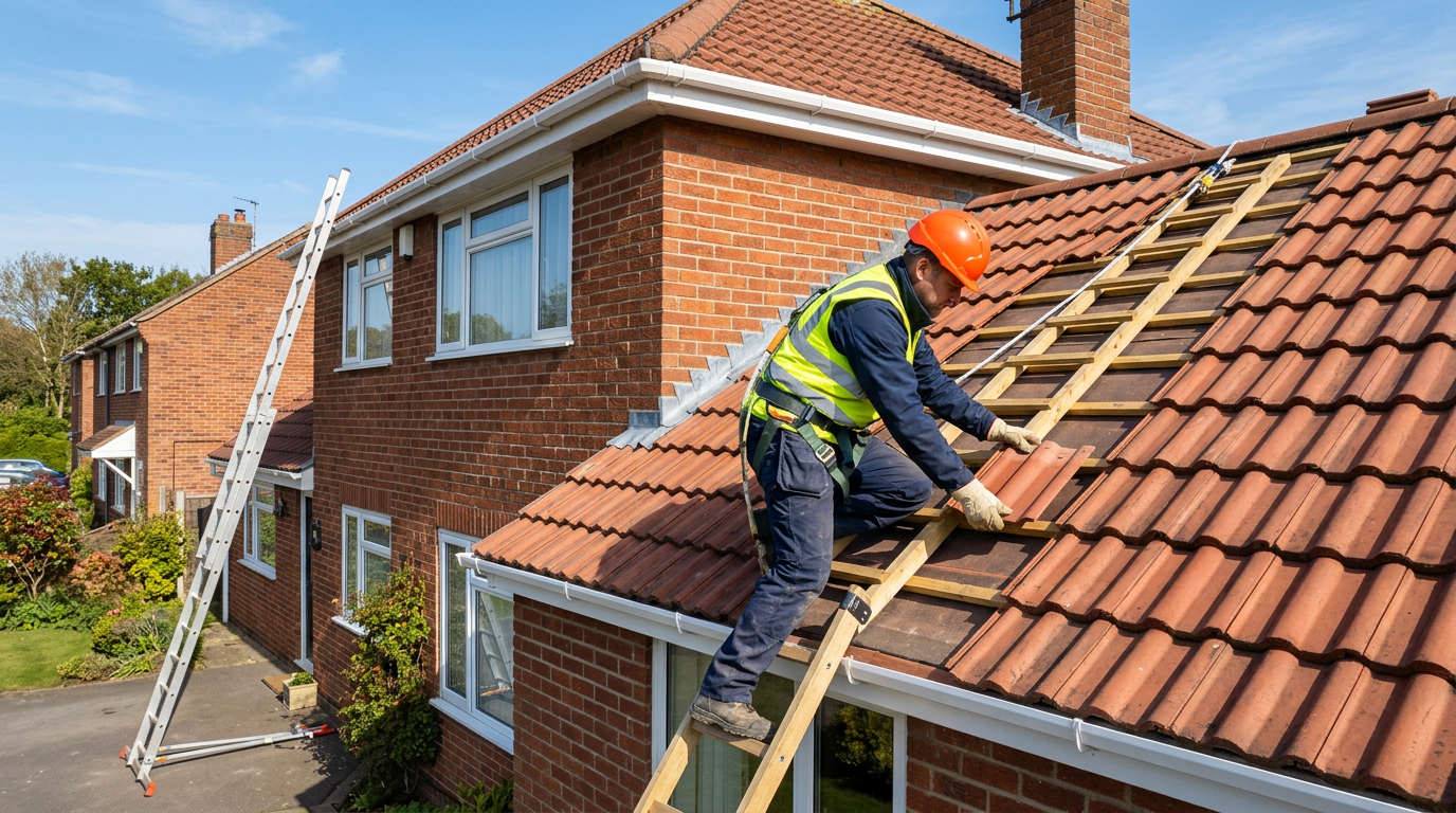 Professional roofer working on the roof of a UK house